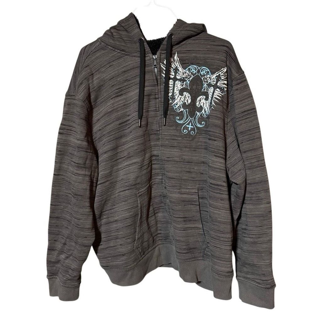 Y2K Faded Glory Hybrid Fleece-Lined Gray Cross Zip-Up Hoodie Men’s XXL